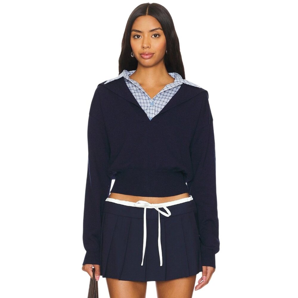 LIONESS Racquet Club Knit in Navy Small New Womens Sweater Top Collared